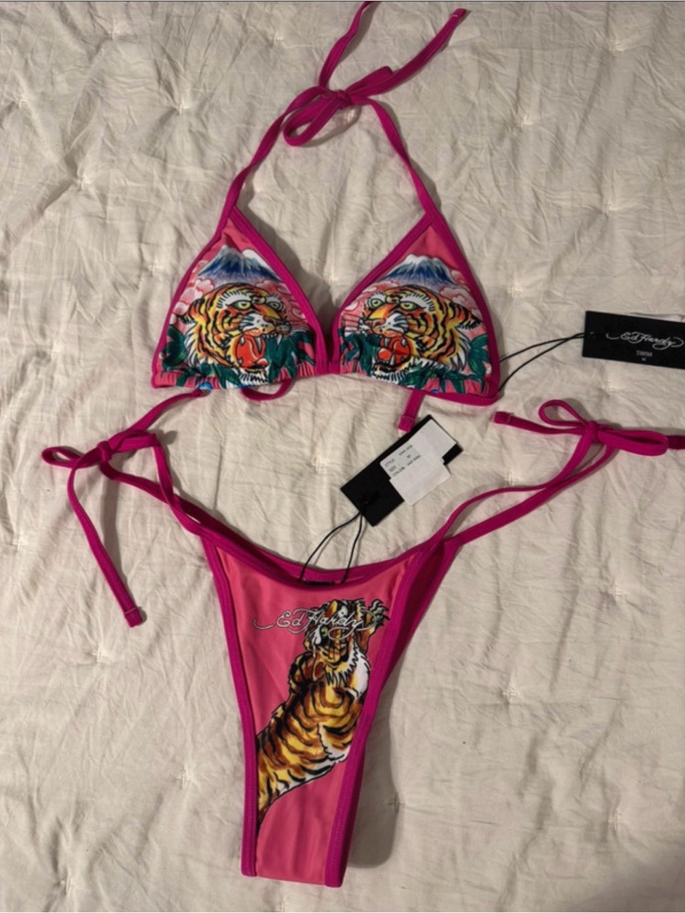 Ed Hardy Hot Pink Tiger Graphic Triangle Bikini Set